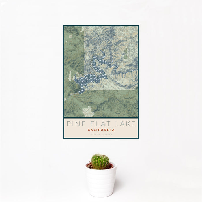 12x18 Pine Flat Lake California Map Print Portrait Orientation in Woodblock Style With Small Cactus Plant in White Planter