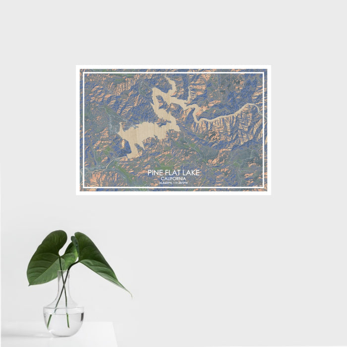 16x24 Pine Flat Lake California Map Print Landscape Orientation in Afternoon Style With Tropical Plant Leaves in Water