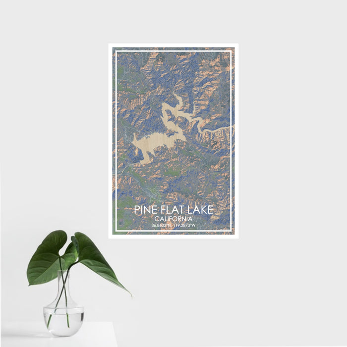 16x24 Pine Flat Lake California Map Print Portrait Orientation in Afternoon Style With Tropical Plant Leaves in Water