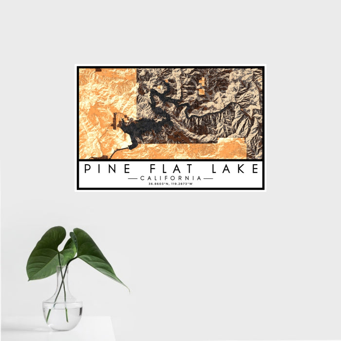 16x24 Pine Flat Lake California Map Print Landscape Orientation in Ember Style With Tropical Plant Leaves in Water