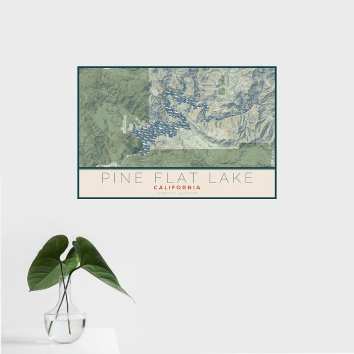 16x24 Pine Flat Lake California Map Print Landscape Orientation in Woodblock Style With Tropical Plant Leaves in Water