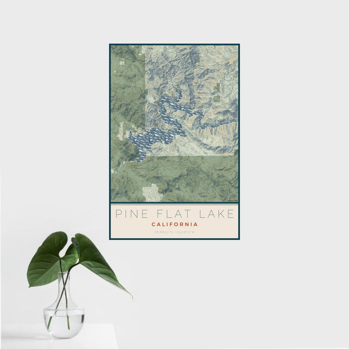 16x24 Pine Flat Lake California Map Print Portrait Orientation in Woodblock Style With Tropical Plant Leaves in Water