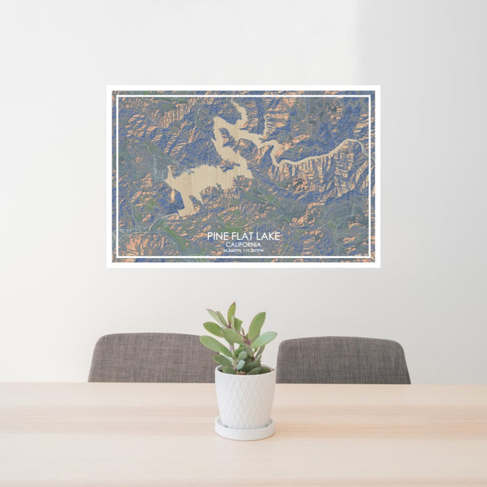 24x36 Pine Flat Lake California Map Print Lanscape Orientation in Afternoon Style Behind 2 Chairs Table and Potted Plant