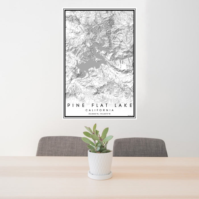 24x36 Pine Flat Lake California Map Print Portrait Orientation in Classic Style Behind 2 Chairs Table and Potted Plant