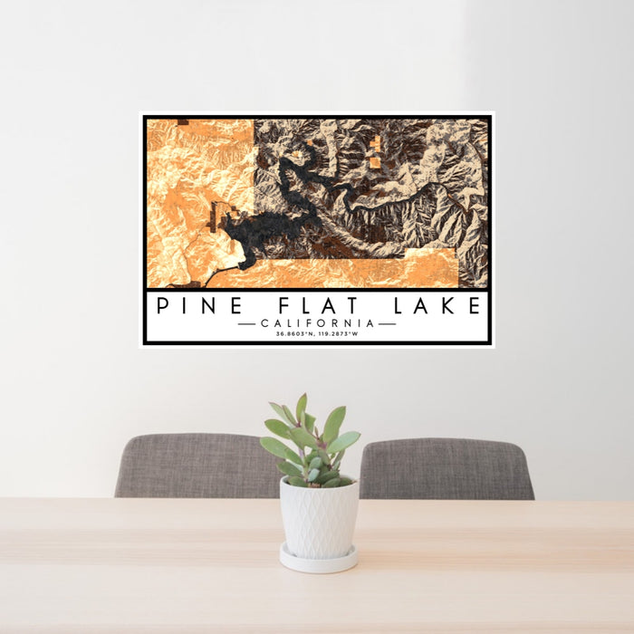 24x36 Pine Flat Lake California Map Print Lanscape Orientation in Ember Style Behind 2 Chairs Table and Potted Plant