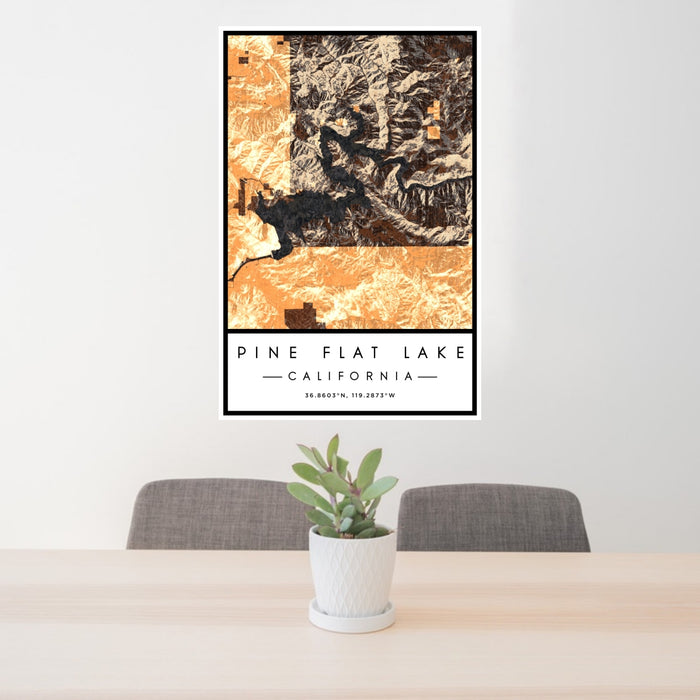 24x36 Pine Flat Lake California Map Print Portrait Orientation in Ember Style Behind 2 Chairs Table and Potted Plant