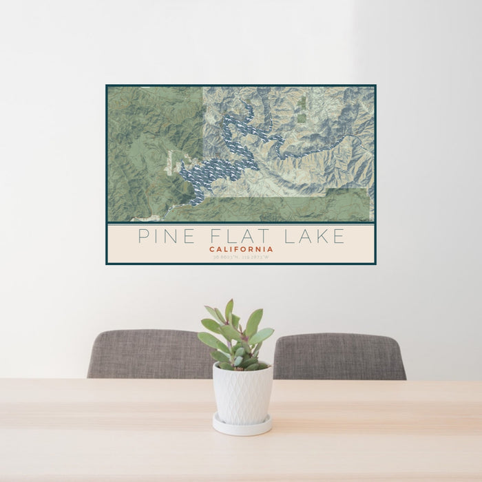 24x36 Pine Flat Lake California Map Print Lanscape Orientation in Woodblock Style Behind 2 Chairs Table and Potted Plant