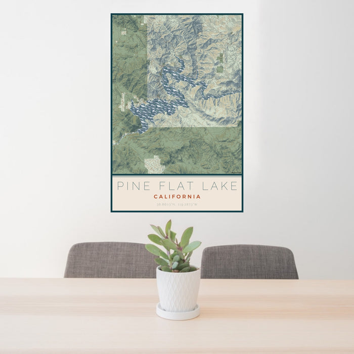 24x36 Pine Flat Lake California Map Print Portrait Orientation in Woodblock Style Behind 2 Chairs Table and Potted Plant