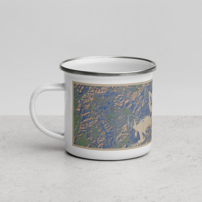 Left View Custom Pine Flat Lake California Map Enamel Mug in Afternoon