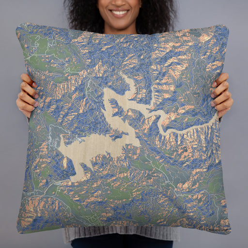 Person holding 22x22 Custom Pine Flat Lake California Map Throw Pillow in Afternoon