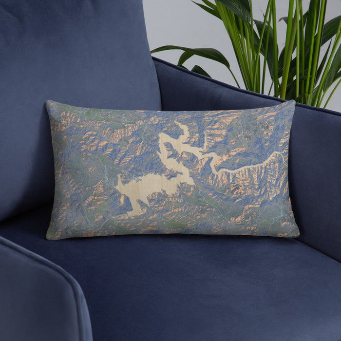 Custom Pine Flat Lake California Map Throw Pillow in Afternoon on Blue Colored Chair