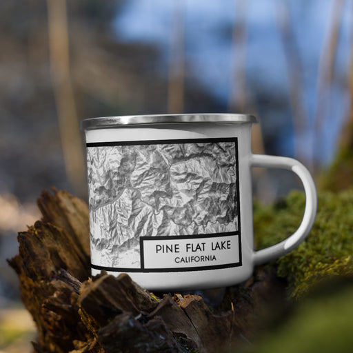 Right View Custom Pine Flat Lake California Map Enamel Mug in Classic on Grass With Trees in Background