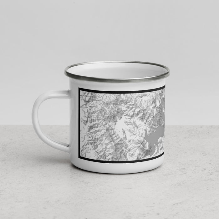 Left View Custom Pine Flat Lake California Map Enamel Mug in Classic