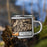 Right View Custom Pine Flat Lake California Map Enamel Mug in Ember on Grass With Trees in Background