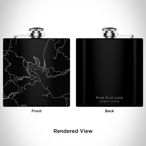 Rendered View of Pine Flat Lake California Map Engraving on 6oz Stainless Steel Flask in Black