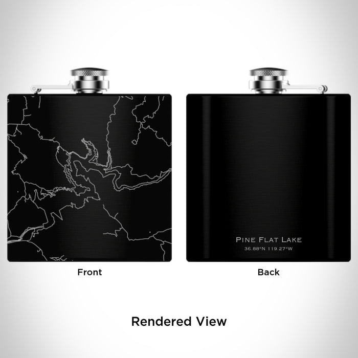 Rendered View of Pine Flat Lake California Map Engraving on 6oz Stainless Steel Flask in Black
