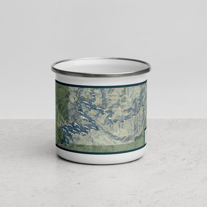 Front View Custom Pine Flat Lake California Map Enamel Mug in Woodblock