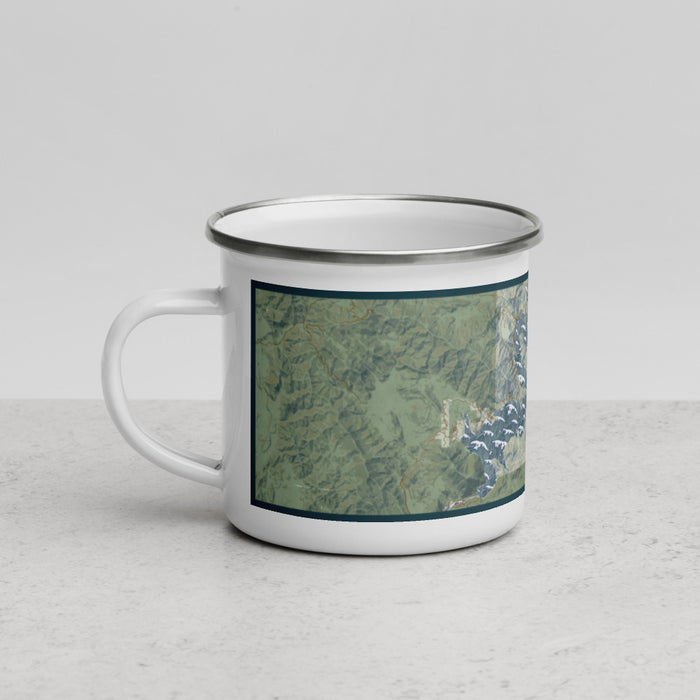 Left View Custom Pine Flat Lake California Map Enamel Mug in Woodblock