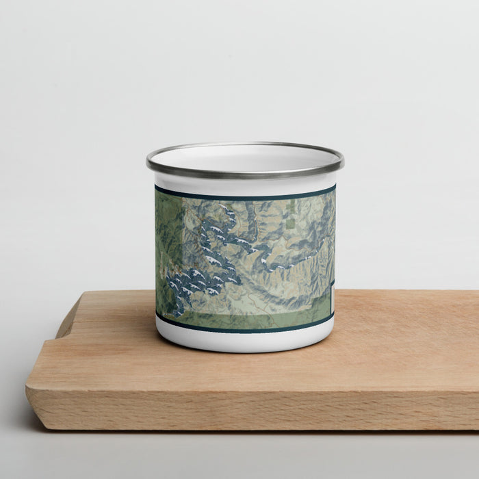 Front View Custom Pine Flat Lake California Map Enamel Mug in Woodblock on Cutting Board