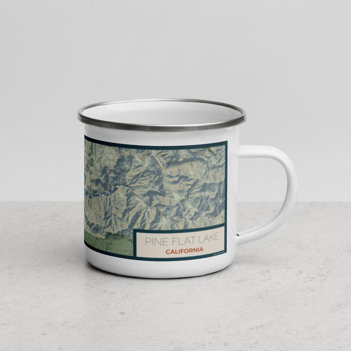 Right View Custom Pine Flat Lake California Map Enamel Mug in Woodblock