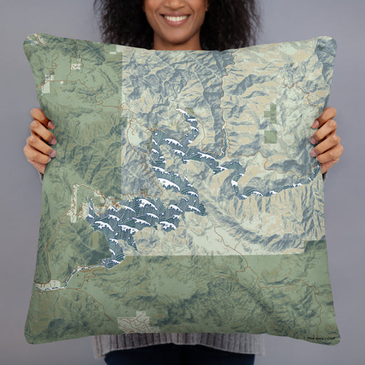Person holding 22x22 Custom Pine Flat Lake California Map Throw Pillow in Woodblock