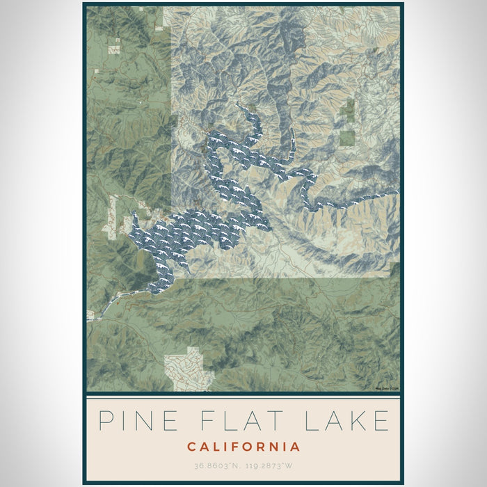 Pine Flat Lake California Map Print Portrait Orientation in Woodblock Style With Shaded Background