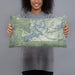 Person holding 20x12 Custom Pine Flat Lake California Map Throw Pillow in Woodblock