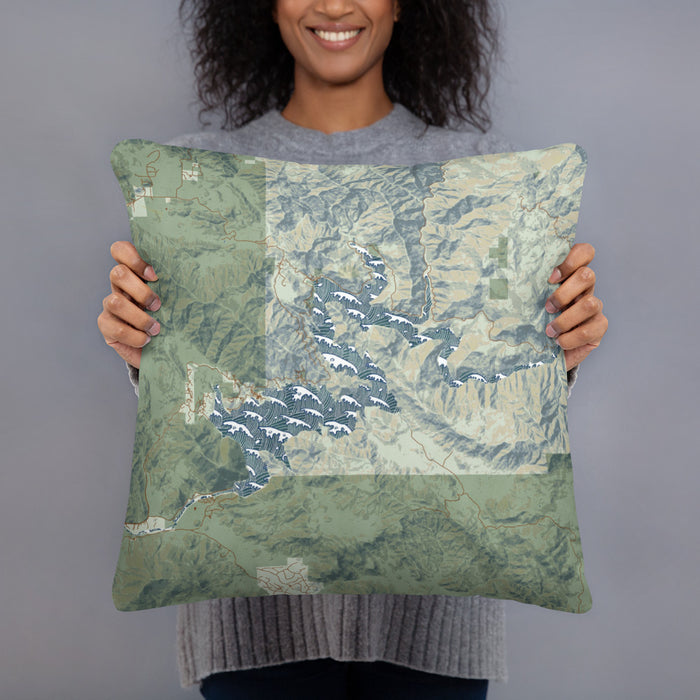 Person holding 18x18 Custom Pine Flat Lake California Map Throw Pillow in Woodblock
