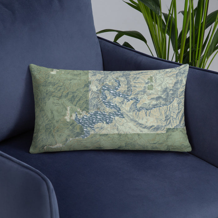 Custom Pine Flat Lake California Map Throw Pillow in Woodblock on Blue Colored Chair