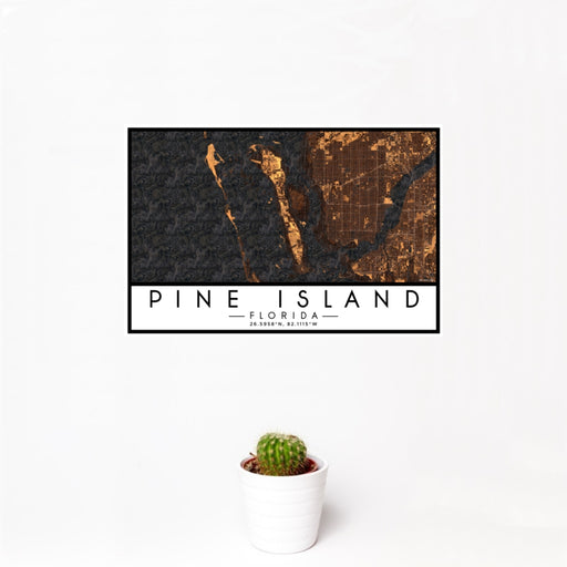 12x18 Pine Island Florida Map Print Landscape Orientation in Ember Style With Small Cactus Plant in White Planter