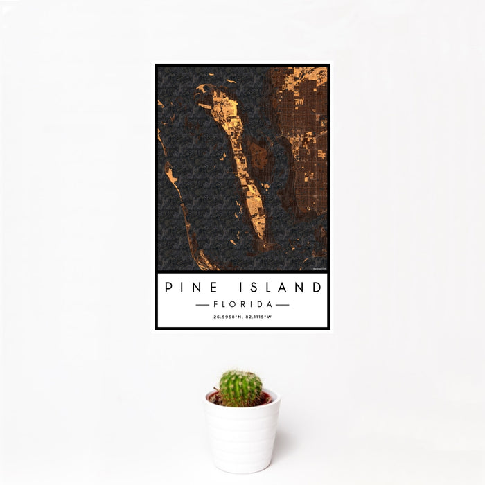 12x18 Pine Island Florida Map Print Portrait Orientation in Ember Style With Small Cactus Plant in White Planter
