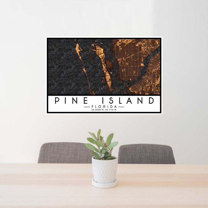 24x36 Pine Island Florida Map Print Lanscape Orientation in Ember Style Behind 2 Chairs Table and Potted Plant