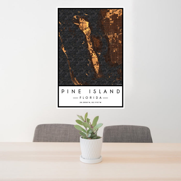 24x36 Pine Island Florida Map Print Portrait Orientation in Ember Style Behind 2 Chairs Table and Potted Plant