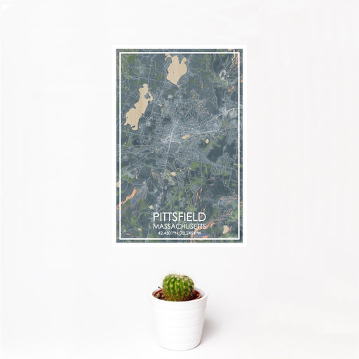 12x18 Pittsfield Massachusetts Map Print Portrait Orientation in Afternoon Style With Small Cactus Plant in White Planter
