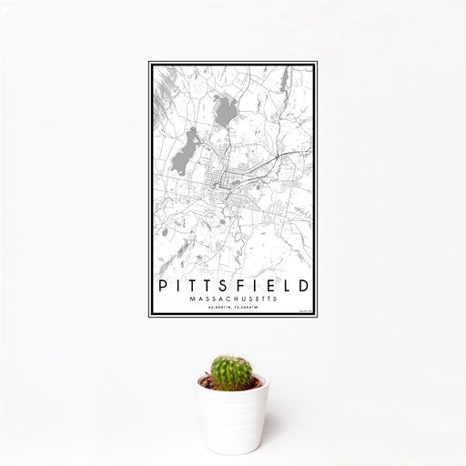 12x18 Pittsfield Massachusetts Map Print Portrait Orientation in Classic Style With Small Cactus Plant in White Planter