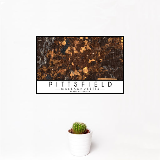 12x18 Pittsfield Massachusetts Map Print Landscape Orientation in Ember Style With Small Cactus Plant in White Planter