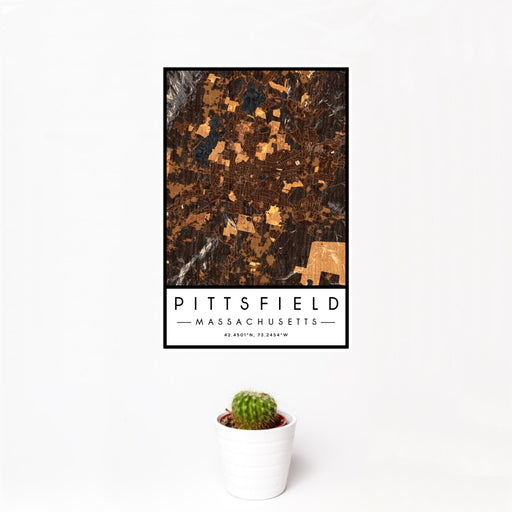 12x18 Pittsfield Massachusetts Map Print Portrait Orientation in Ember Style With Small Cactus Plant in White Planter
