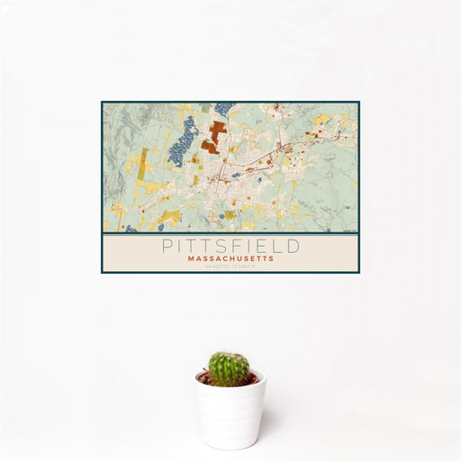 12x18 Pittsfield Massachusetts Map Print Landscape Orientation in Woodblock Style With Small Cactus Plant in White Planter