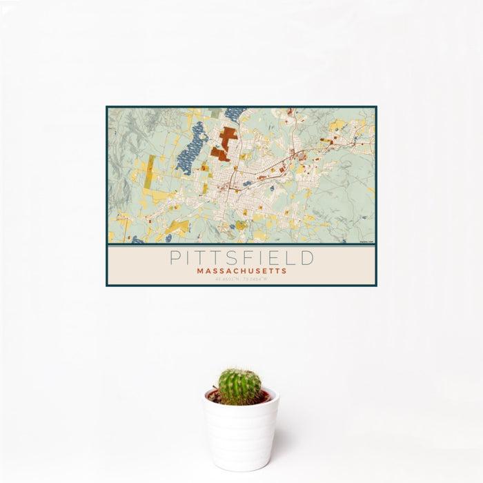 12x18 Pittsfield Massachusetts Map Print Landscape Orientation in Woodblock Style With Small Cactus Plant in White Planter