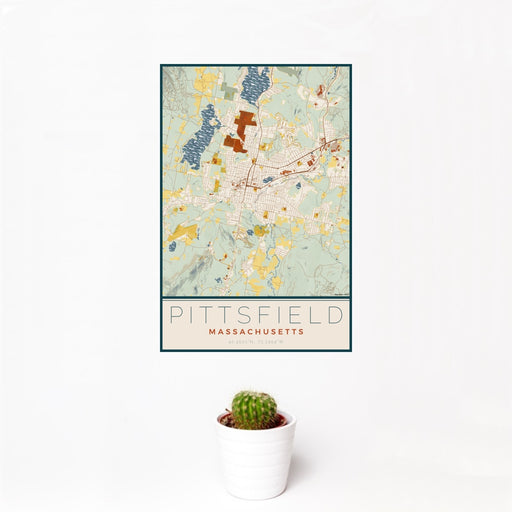 12x18 Pittsfield Massachusetts Map Print Portrait Orientation in Woodblock Style With Small Cactus Plant in White Planter