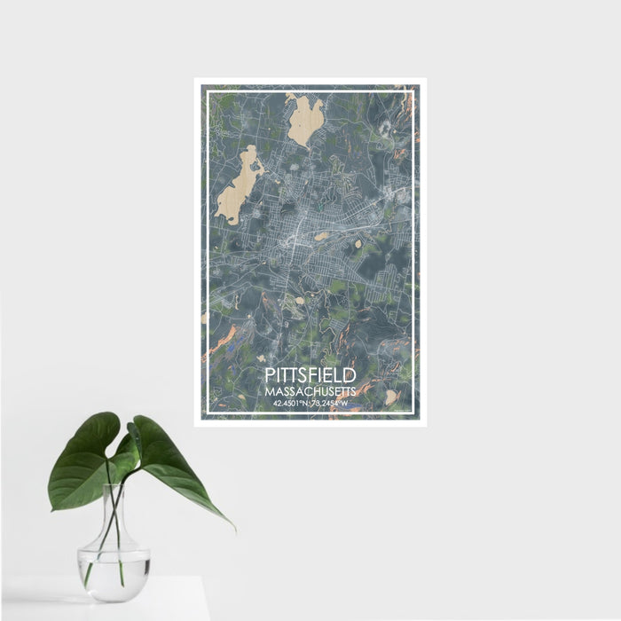 16x24 Pittsfield Massachusetts Map Print Portrait Orientation in Afternoon Style With Tropical Plant Leaves in Water