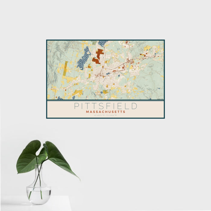16x24 Pittsfield Massachusetts Map Print Landscape Orientation in Woodblock Style With Tropical Plant Leaves in Water