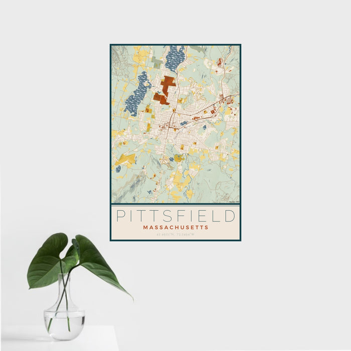 16x24 Pittsfield Massachusetts Map Print Portrait Orientation in Woodblock Style With Tropical Plant Leaves in Water