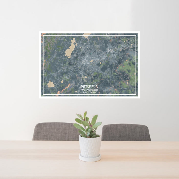 24x36 Pittsfield Massachusetts Map Print Lanscape Orientation in Afternoon Style Behind 2 Chairs Table and Potted Plant
