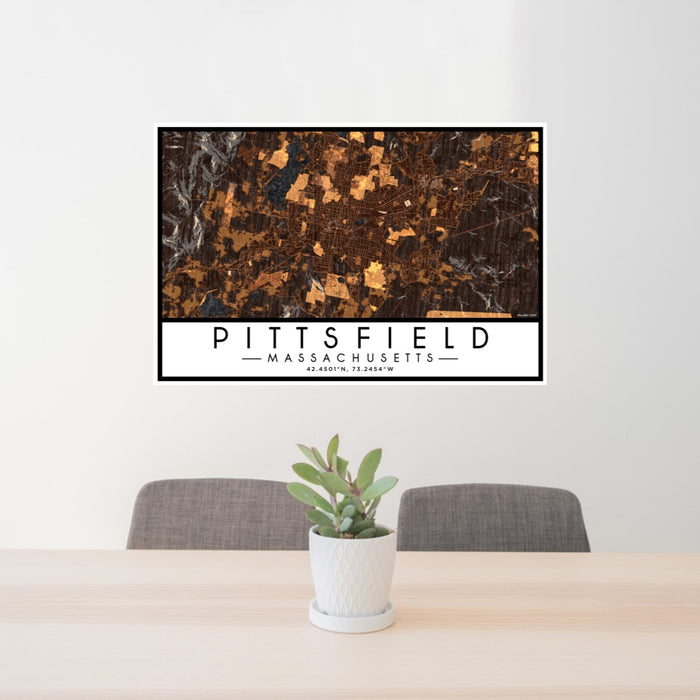 24x36 Pittsfield Massachusetts Map Print Lanscape Orientation in Ember Style Behind 2 Chairs Table and Potted Plant