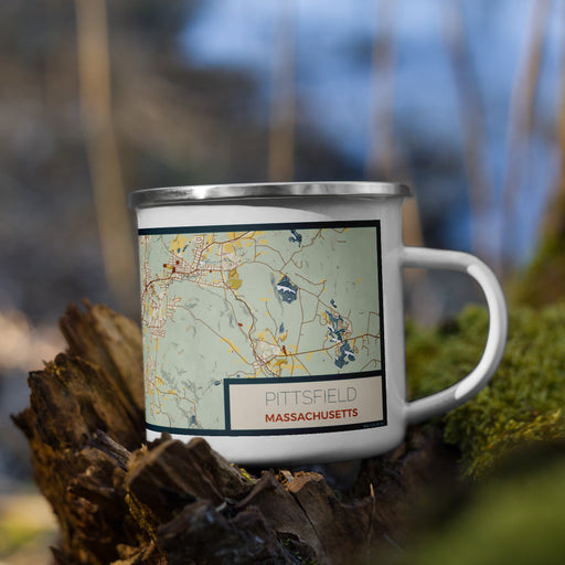 Right View Custom Pittsfield Massachusetts Map Enamel Mug in Woodblock on Grass With Trees in Background