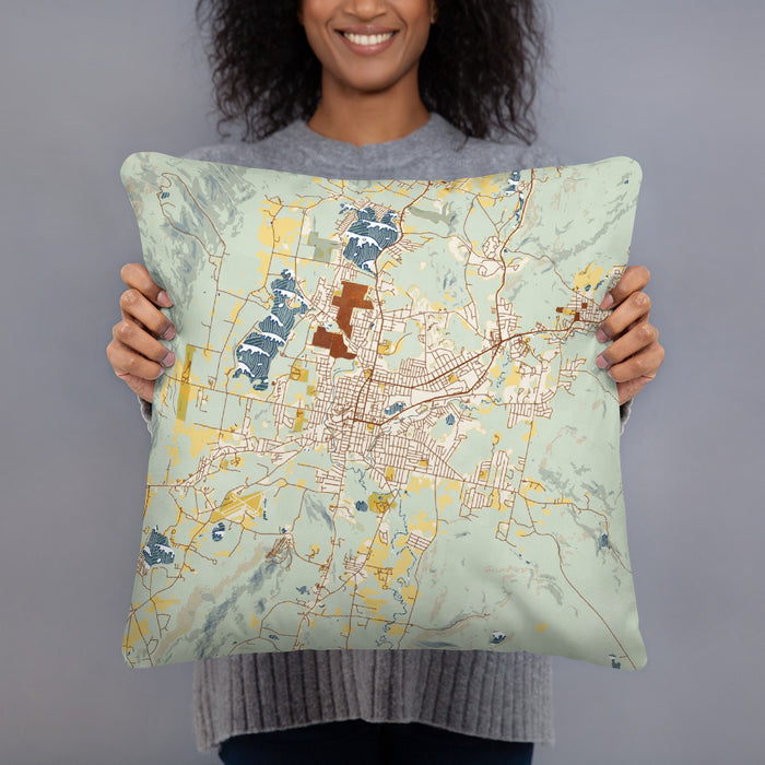Person holding 18x18 Custom Pittsfield Massachusetts Map Throw Pillow in Woodblock