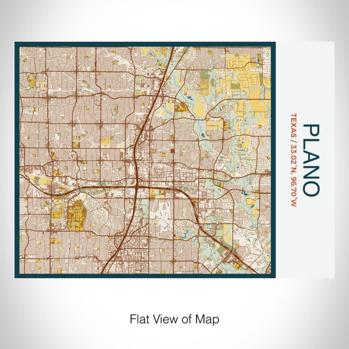 Rendered View of Plano Texas Map on 20oz Stainless Steel Insulated Bottle with Bamboo Top with printed woodblock style map