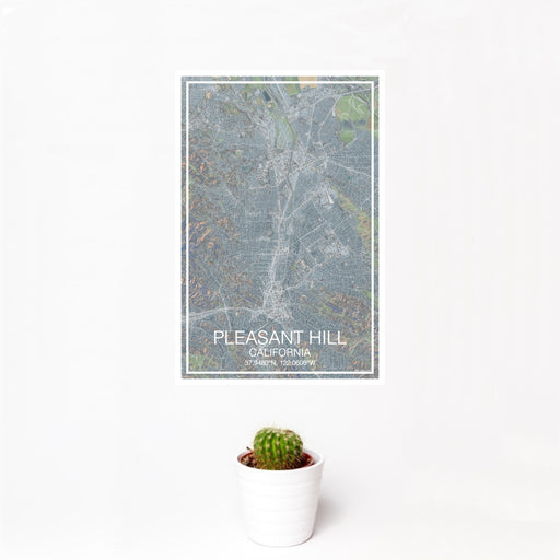 12x18 Pleasant Hill California Map Print Portrait Orientation in Afternoon Style With Small Cactus Plant in White Planter
