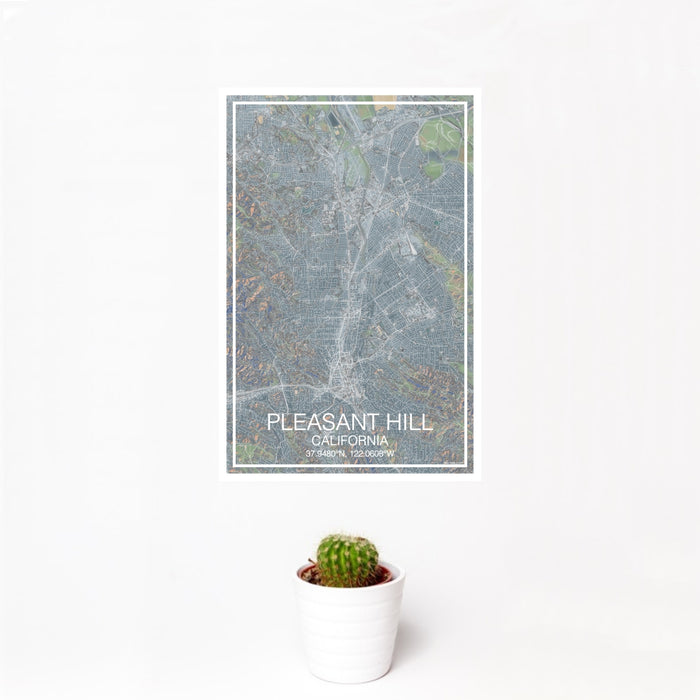 12x18 Pleasant Hill California Map Print Portrait Orientation in Afternoon Style With Small Cactus Plant in White Planter